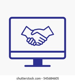 Icon Handshake Pictogram with Computer Symbol. Designed for web and software interfaces. Outline Style Design