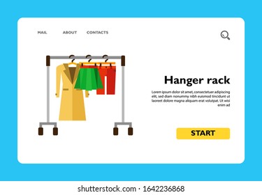 Icon of hanger rack with warm coat, skirt and breeches. Women clothes, clothing store, female wardrobe. Casual clothes concept. Can be used for topics like fashion, shopping, clothing