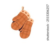 Icon of hanging oven mitts. Checkered mittens for cooking food. Quilted potholder to hold hot objects. Accessory for hand safety at kitchen. Flat isolated vector illustration on white background