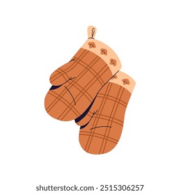 Icon of hanging oven mitts. Checkered mittens for cooking food. Quilted potholder to hold hot objects. Accessory for hand safety at kitchen. Flat isolated vector illustration on white background