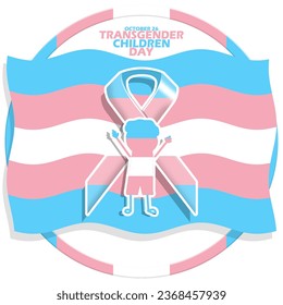 Icon of a happy boy with ribbon and transgender flag with bold text in frame on white background to commemorate National Transgender Children Day on October 26