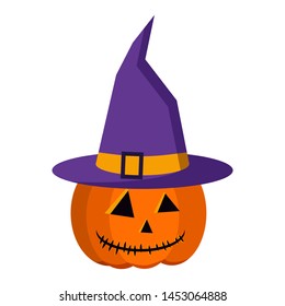 Icon Happy halloween spooky pumpkin with a purple collar with a bow and cartoon purple color with orange buckle strap witch hat isolated on white background flat design vector illustration