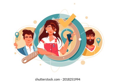 Icon Of Happy Hr Managers Candidate Searching. Isolated Concept Businessman And Businesswoman Characters Looking For Applicant At Modern Work. Vector Illustration.