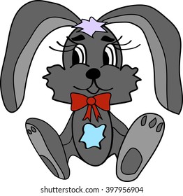 icon hare, grey Bunny, black white, toy animal, hare with bow, red bow, vector