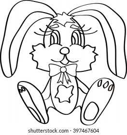 icon hare, white Bunny, black white, toy animal, hare with bow, vector