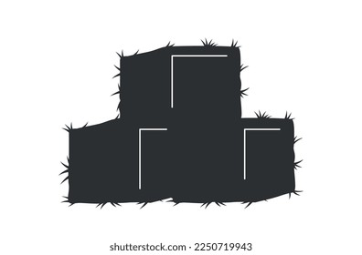 Icon with hay. Dark silhouette with rectangular bales or collected haystacks in hayloft. Dry grass or straw. Design element for app. Cartoon flat vector illustration isolated on white background
