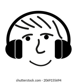 Icon of a head with headphones.Doodle head  is smiling happily listening to music headphones