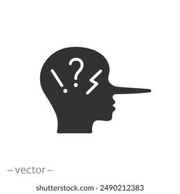 icon of head man with long nose, person deceived by fake news, false liar or prank for people, liar icon, flat vector illustration