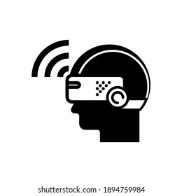 Icon of head with virtual reality device. Black style symbol vector illustration.
