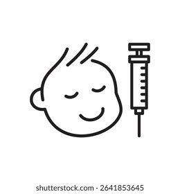 Icon for healthcare baby like vaccination medicine. Syringe and happy relax face of the baby. Vector illustration