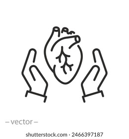 icon of heart care, hands holding heart organ, cardiovascular support concept, thin line symbol - vector illustration