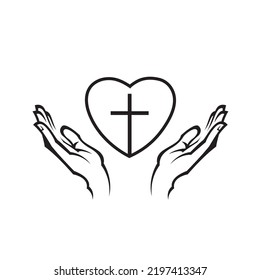 icon of heart, cross and hands isolated on white background