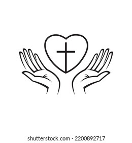icon of heart, cross and hands isolated on white background