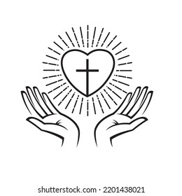 icon of heart, cross and hands isolated on white background