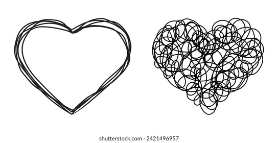 Icon heart, hand drawing, scribble in the shape of a heart, a set of valentines