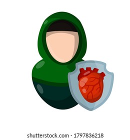 Icon with heart. Health of cardio system. Happy patient character. Smiling arab woman and heartbeat. Flat cartoon illustration isolated on white background. Medical pulse