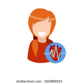 Icon with heart. Health of cardio system. Happy patient character. Medical pulse. Flat cartoon illustration isolated on white background. Smiling woman and heartbeat