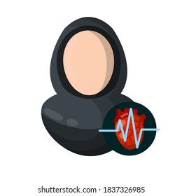 Icon with heart. Health of cardio system. Happy patient character. Smiling arab woman and heartbeat. Flat cartoon illustration isolated on white background. Medical pulse