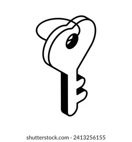 Un icono de la clave del corazón en el diseño isométrico, diseño de vector de claves de amor