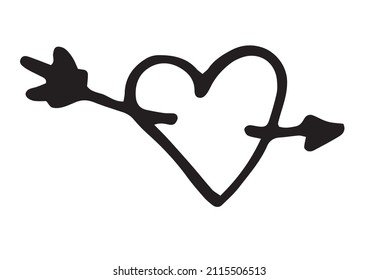 the icon is a heart pierced by an arrow.  a doodle-style heart with an arrow inside, isolated black outline on white for a Valentine's Day design template