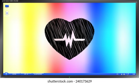 Icon heart with puls on the screen monitor. Scribble and hatching style. Made vector illustration