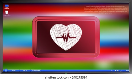 Icon heart with puls on the screen monitor. Scribble and hatching style. Made vector illustration