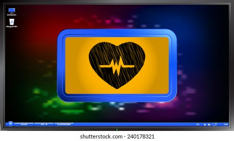 Icon heart with puls on the screen monitor. Scribble and hatching style. Made vector illustration
