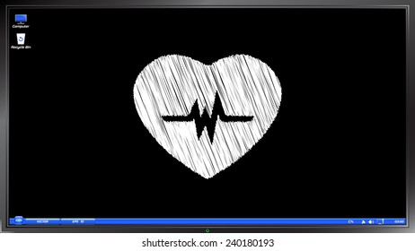 Icon heart with puls on the screen monitor. Scribble and hatching style. Made vector illustration