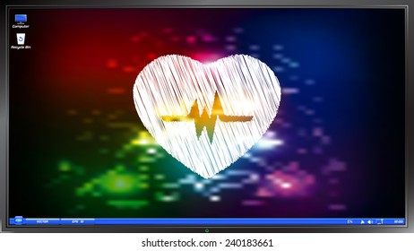 Icon heart with puls on the screen monitor. Scribble and hatching style. Made vector illustration