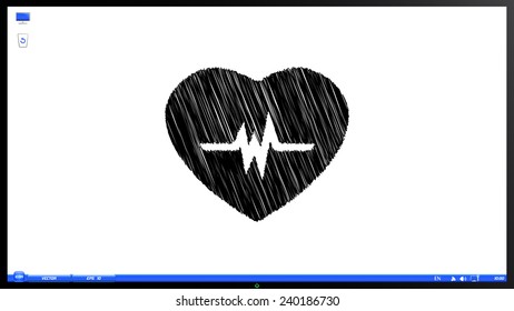 Icon heart with puls on the screen monitor. Scribble and hatching style. Made vector illustration