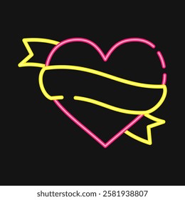 Icon heart and ribbon. Traditional tattoo elements. Icon in neon style.