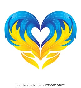 Icon with heart and wings in blue and yellow color of the flag of Ukraine on a white background. Vector clipart. Symbol of freedom and independence.