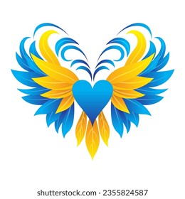 Icon with heart and wings in blue and yellow color of the flag of Ukraine on a white background. Vector clipart.