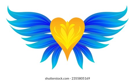 Icon with heart and wings. Vector clipart. Blue and yellow color of the flag of Ukraine on a white background. Symbol of freedom and independence.