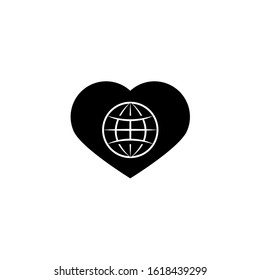 Icon of heart with world map inside. Shadow and white background.