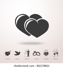 Icon of hearts with shadow and set of love icons - heart with arrow, two hearts, couple, heart locker, bird, rings, champagne. Vector