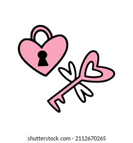 An icon of heart-shaped padlock with key with wings. 