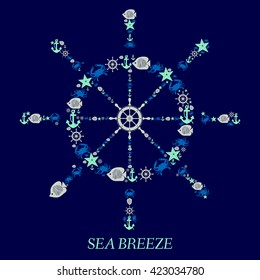 Icon helm  Sea vector .Nautical anchor steering marine animals isolated blue background.  Crabs fish octopi.  Elements  for cards, illustration, poster and web design