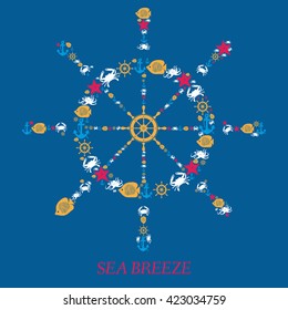 Icon helm of the Sea-vector illustration.Marine anchor  steering creatures isolated  blue background.  Crabs fish octopi.  Elements  for cards, illustration, poster and web design