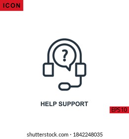 Icon Help Support with question mark and headphone. Outline, line or linear vector icon symbol sign collection for mobile concept and web apps design.