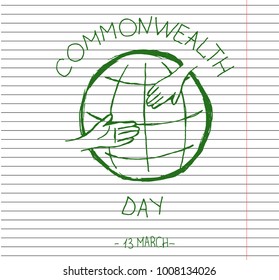 Icon helping hands on copybook background. Help icon. Commonwealth Day. Hand drawn vector illustration