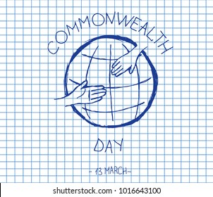 Icon helping hands on copybook background. Help icon. Commonwealth Day. Hand drawn vector illustration