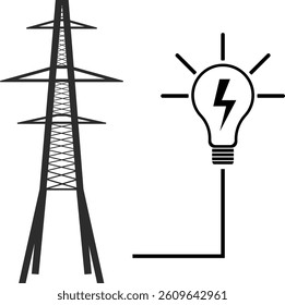 An icon of a high voltage power line with a light bulb. Transmission of electricity. Light. Vector black and white illustration.