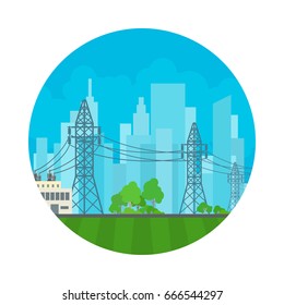 Icon High Voltage Power Lines Supplies Electricity to the City, Electric Power Transmission, Vector Illustration 