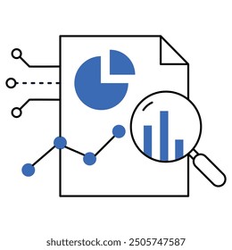 An icon highlighting data analysis with a magnifying glass over a document with charts, representing analytics, business intelligence, and data-driven decision making.