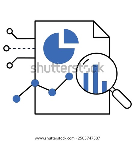 An icon highlighting data analysis with a magnifying glass over a document with charts, representing analytics, business intelligence, and data-driven decision making.