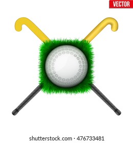 Icon Hockey ball on green grass and sticks. Sport symbol. Vector Illustration isolated on white background.