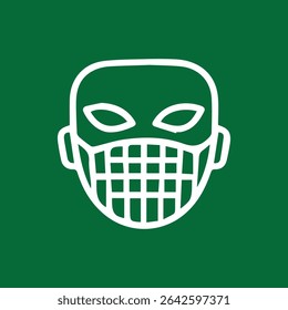 Icon of a hockey goalie mask on a green background. Represents sports safety equipment and protection during play.