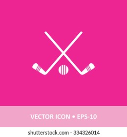 Icon of Hockey stick & Ball on Magenta Color Background. Eps-10.