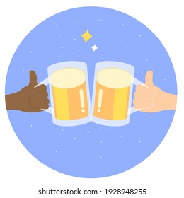 Icon holding beer party. Vector illustration. Two person of different ethnicities clink glasses, cheers. Meeting friends. Romantic date of partners. 